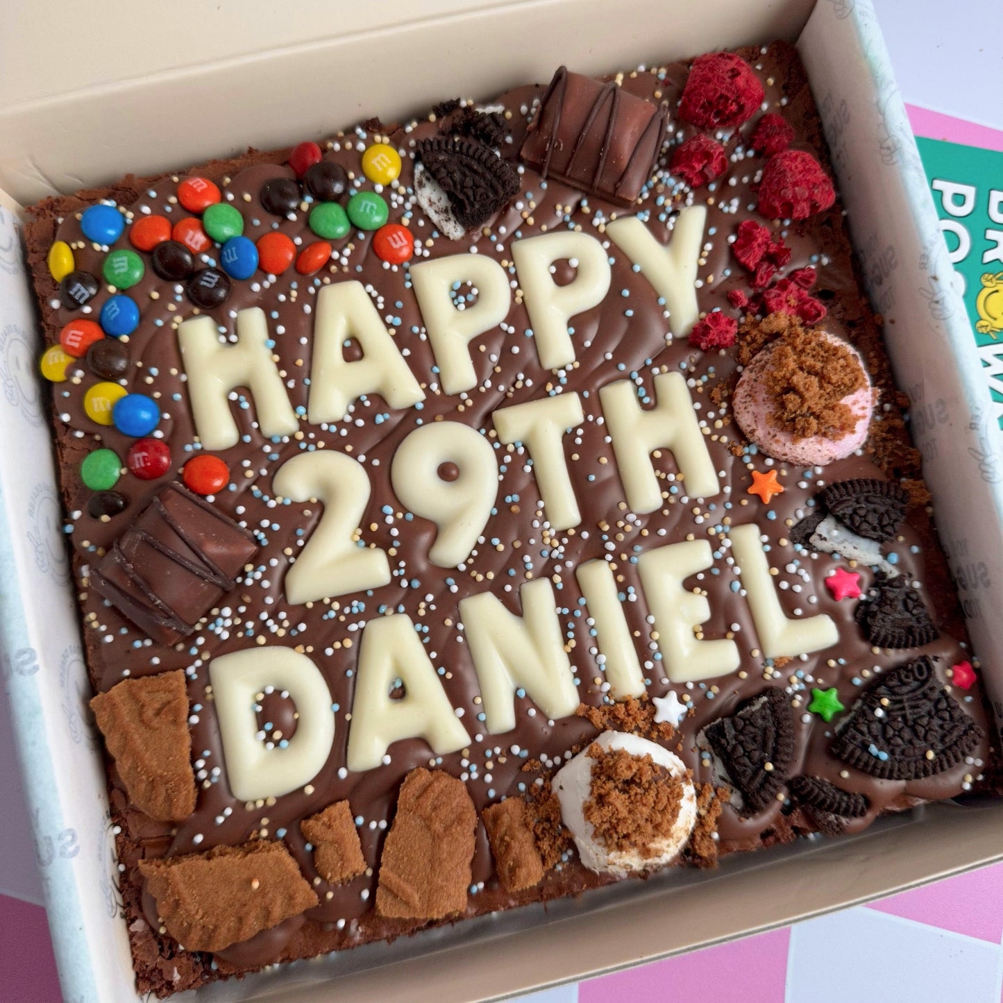 custom message fudgy brownie topped with lots of delicious toppings! handmade in auckland, delivered nz wide.